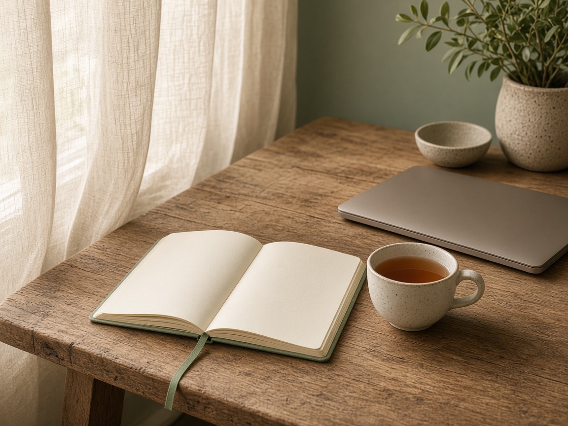 A calm desk with notebook and tea in soft evening light