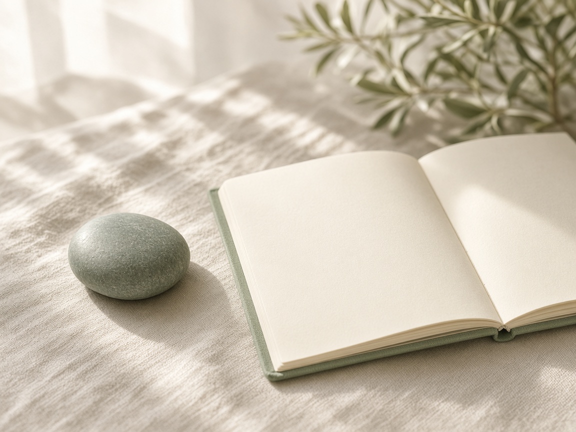 An open journal and smooth stone in soft morning light